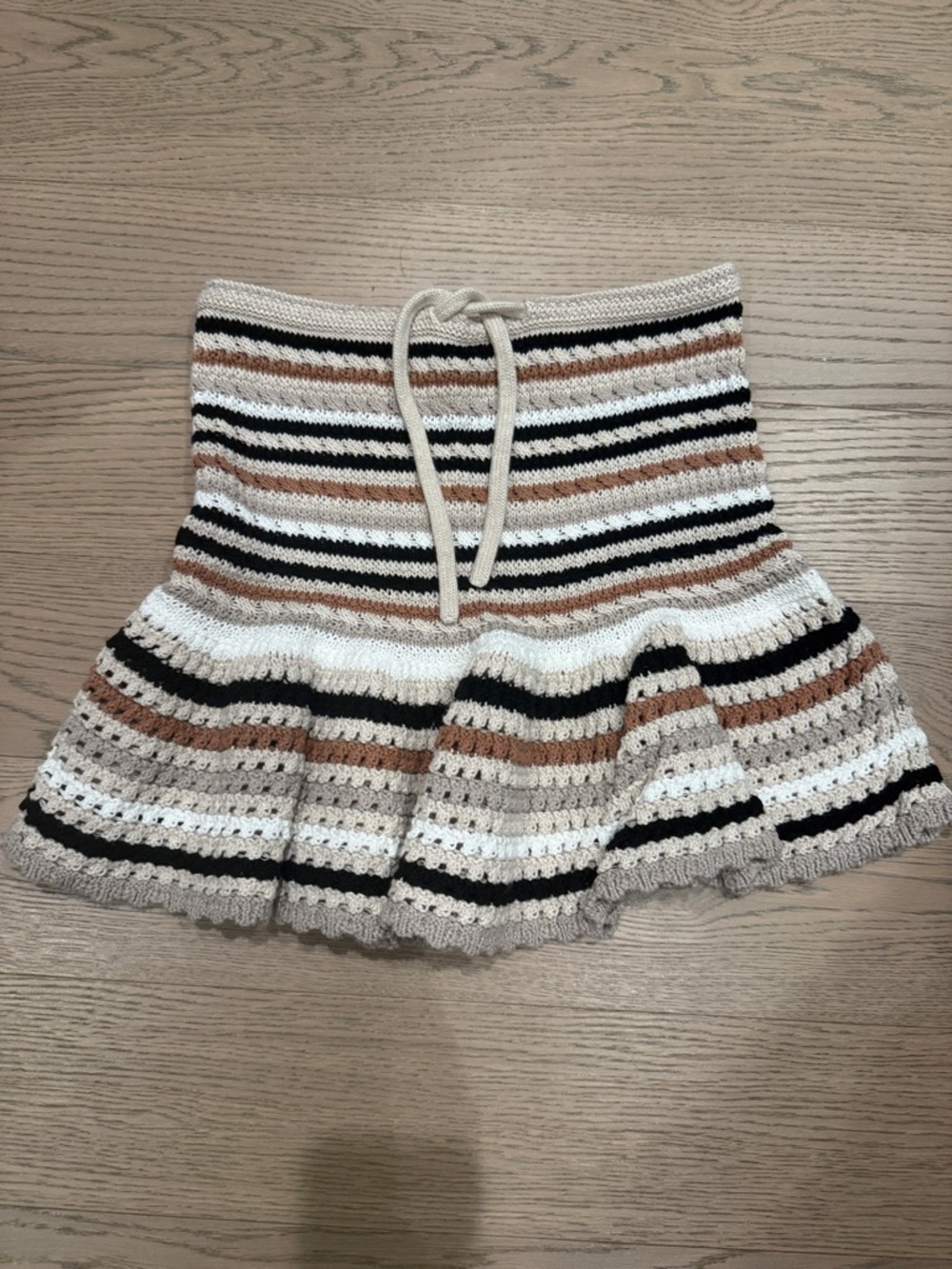 Autumn Cashmere Striped Crochet Flared Mini Skirt in Cream, Tan & Black